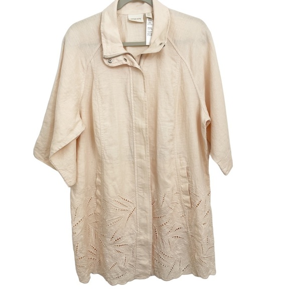 Chico's Linen Cutwork Topper 3 or XL Jacket Coat Full Zip Pockets 3/4 Slee - Picture 1 of 10